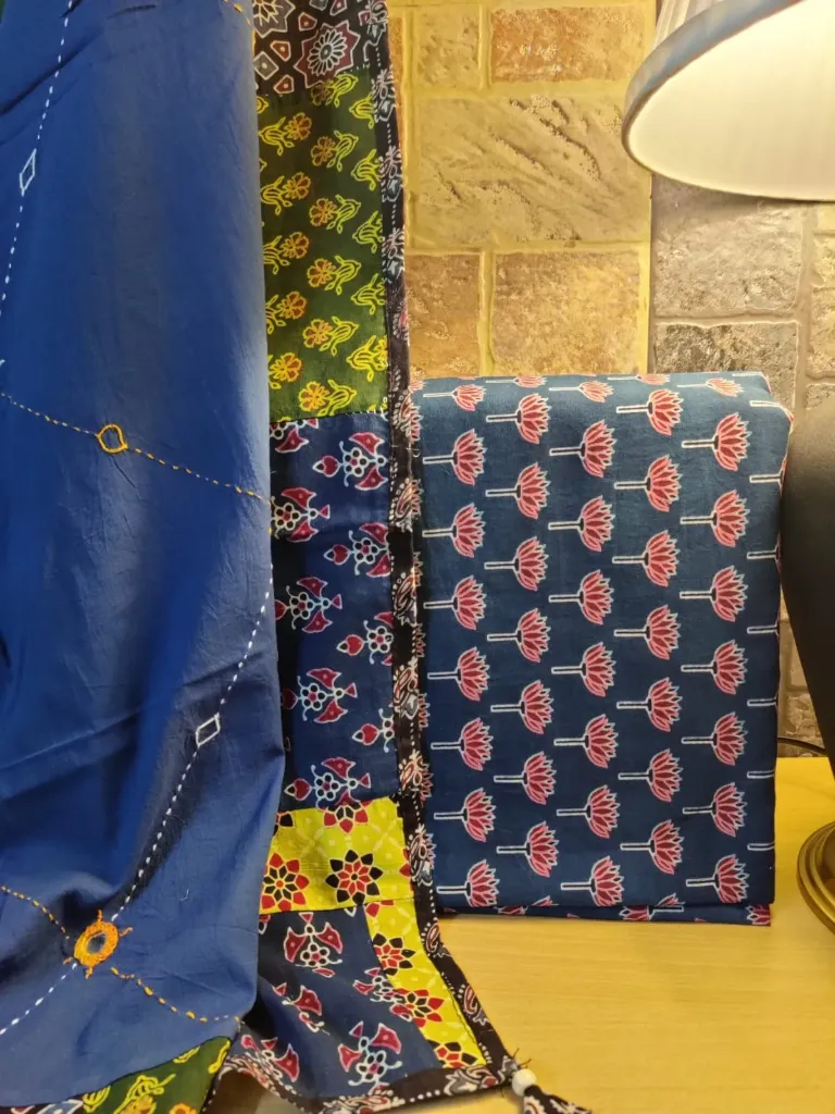 Pure Soft Cotton- Dark Blue Ajrakh Hand Block Print with Dark Blue Applique Mirror Duppatta