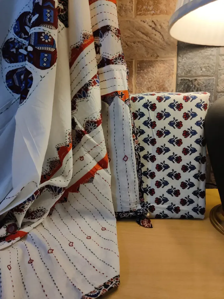 Pure Soft Cotton- White Ajrakh Hand Block Print with White Applique Mirror Duppatta