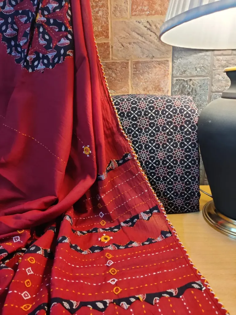 Pure Soft Cotton- Black Ajrakh Hand Block Print with with Brick Red Applique Mirror Duppatta