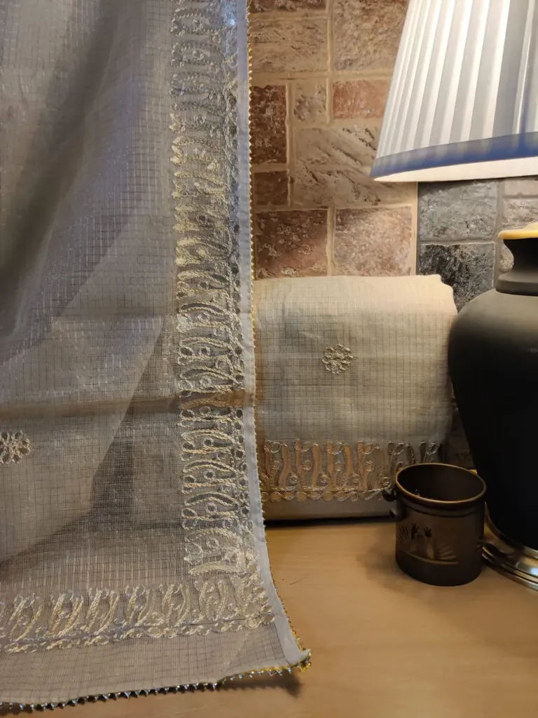 Pure Cotton- Beige Kota Doria with Golden Zari 2 Piece