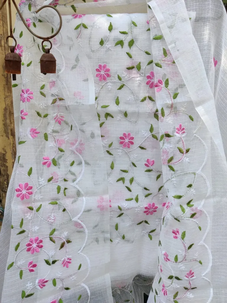 Pure Soft Cotton-White Kota Doria with Hand Embroidery