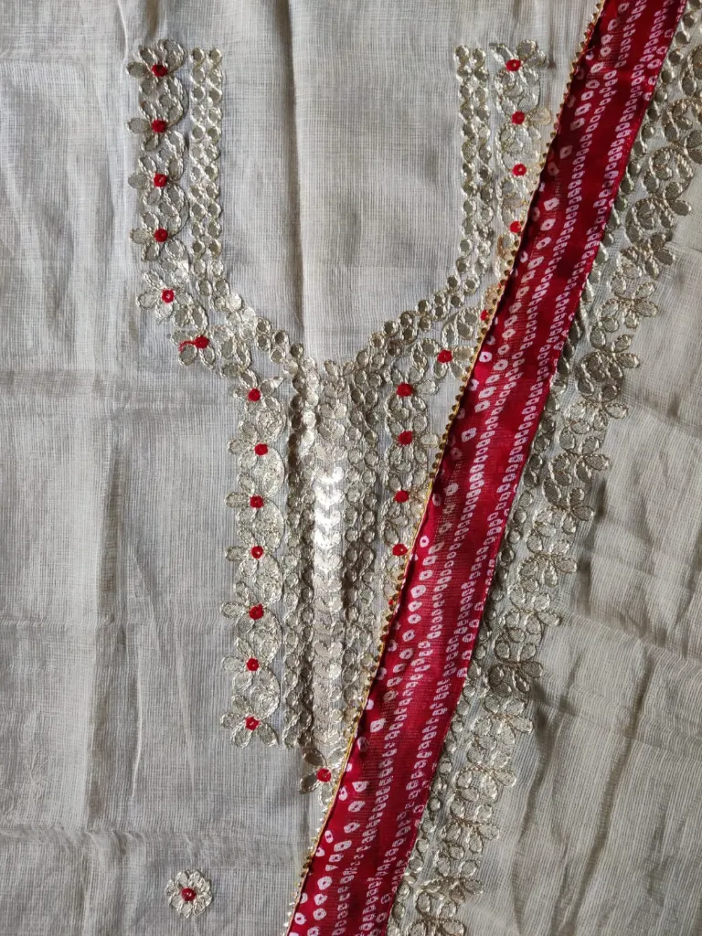 Pure Cotton- Cream Kota Doria with Gota Patti and Red Bandhani Border Dupatta 2 Piece