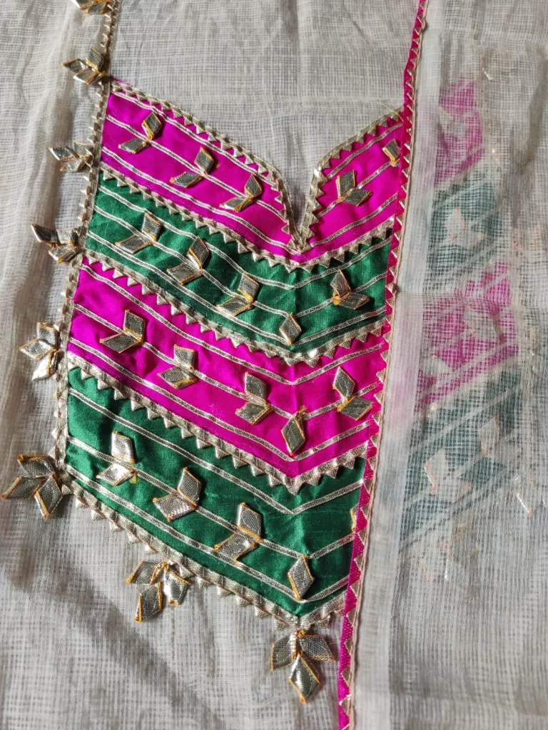 Pure Cotton- White Kota Doria with Pink and Green Gota Patti 2 Piece
