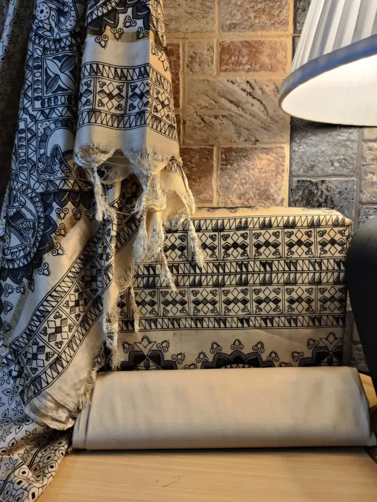 Eri Cotton- Beige with Black Warli Folk Motifs 3 Piece