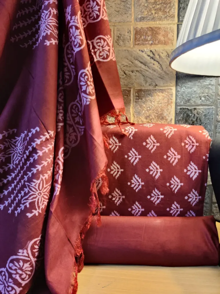 Eri Cotton- Burnt Brick Red with White Motifs 3 Piece