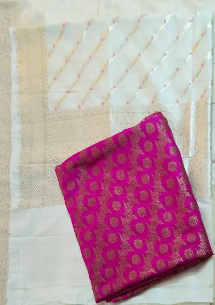 Pure Silk- Dark Pink with Antique Gold Zari with Pure Muga Dupatta 2 Piece Fabric