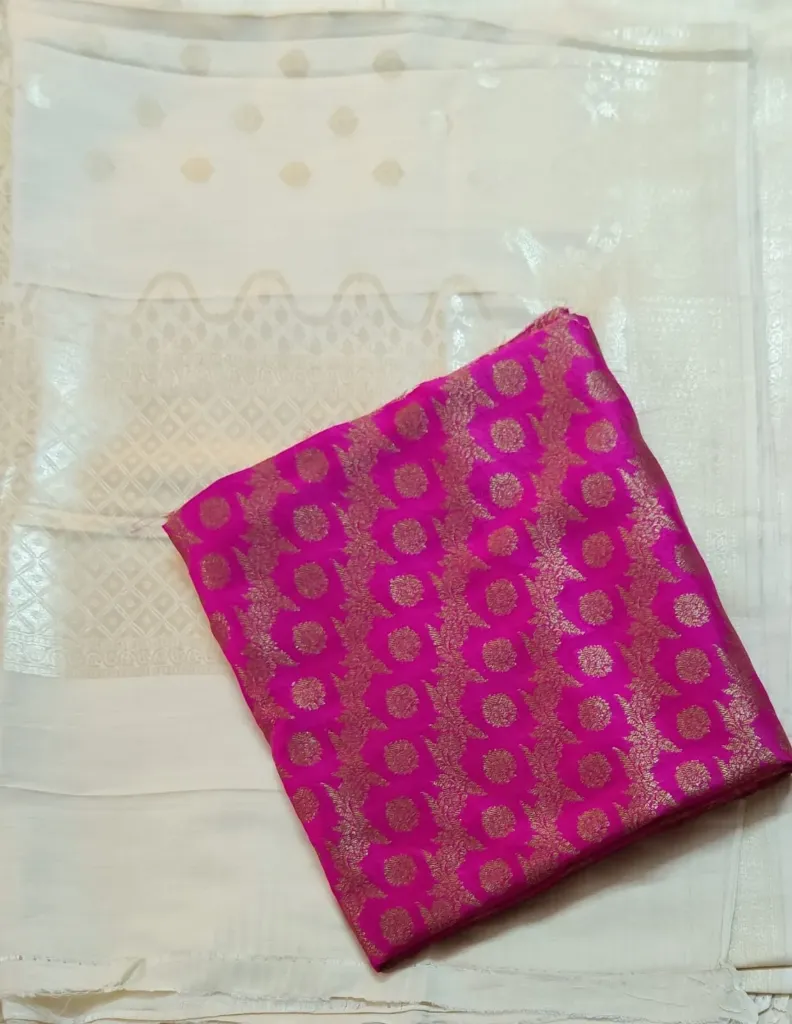 Pure Silk- Dark Pink with Antique Gold Zari with Pure Muga Zari Dupatta 2 Piece