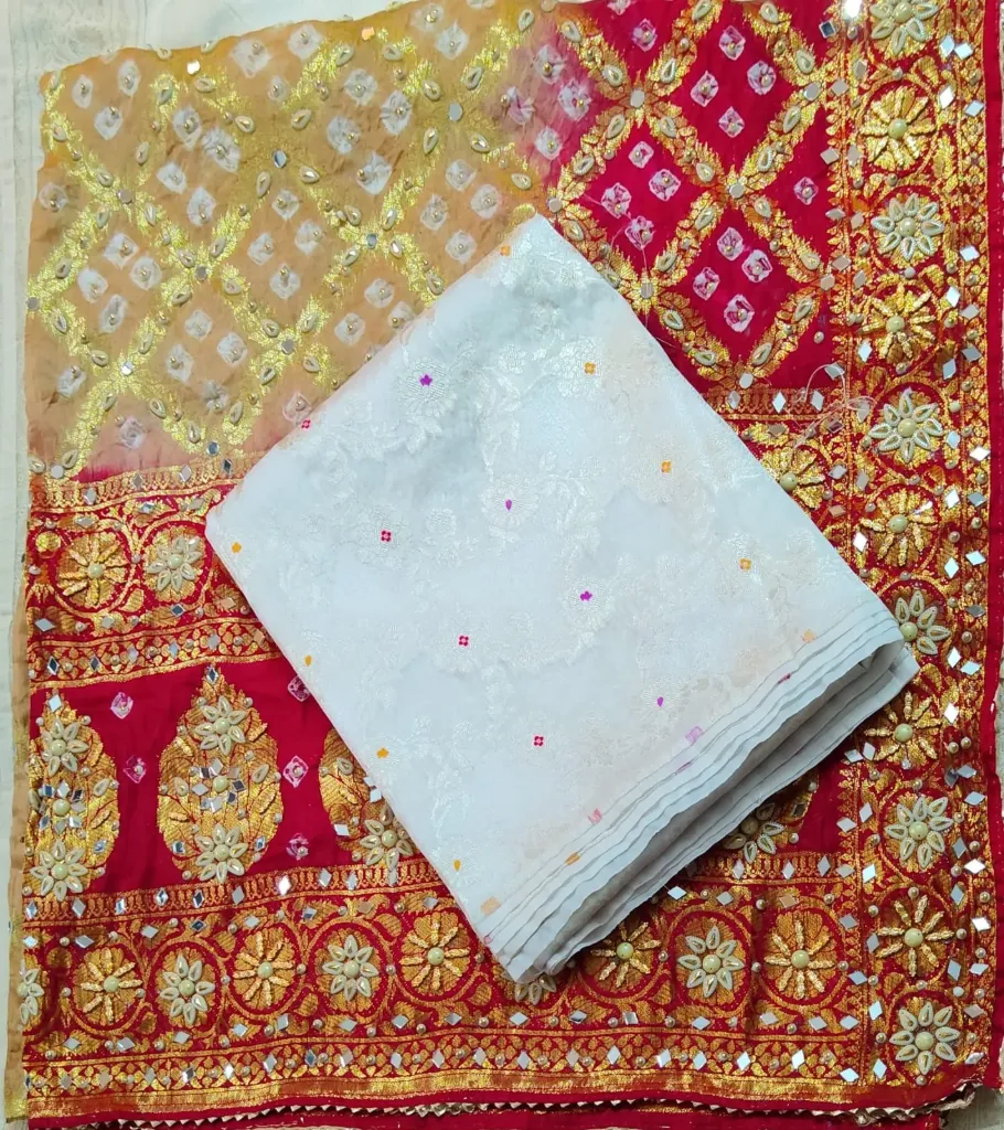 Pure Silk- White 3 Colour Meenakari Zari with Bandhani Glass Mirror Dupatta 2 Piece
