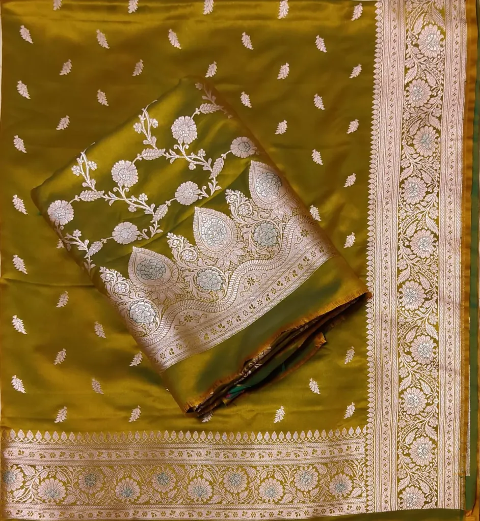 Pure Silk- Mehndi Green Zari Katan Silk 3 Piece