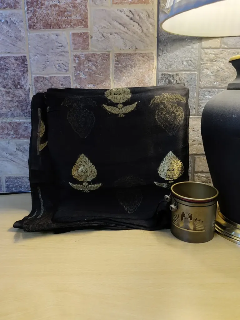 Pure Tissue- Black with Gold Zari Leaf Motif
