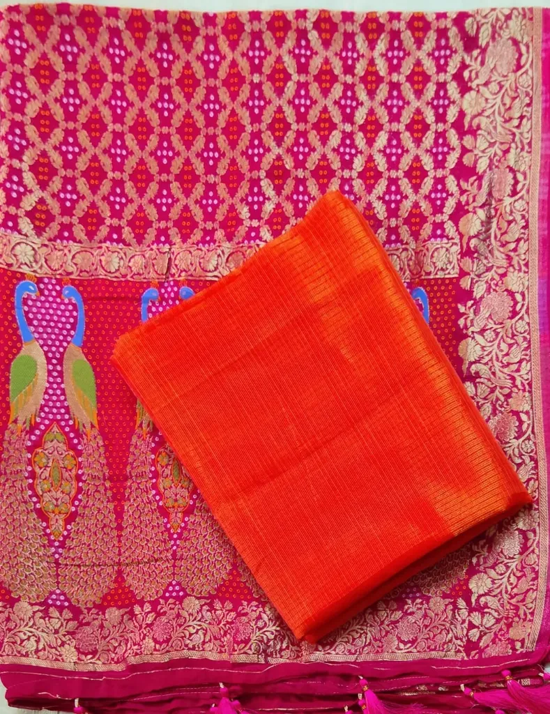 Pure Tissue- Orange Gold Thread Weave with Peacock Motif Dupatta 2 Piece
